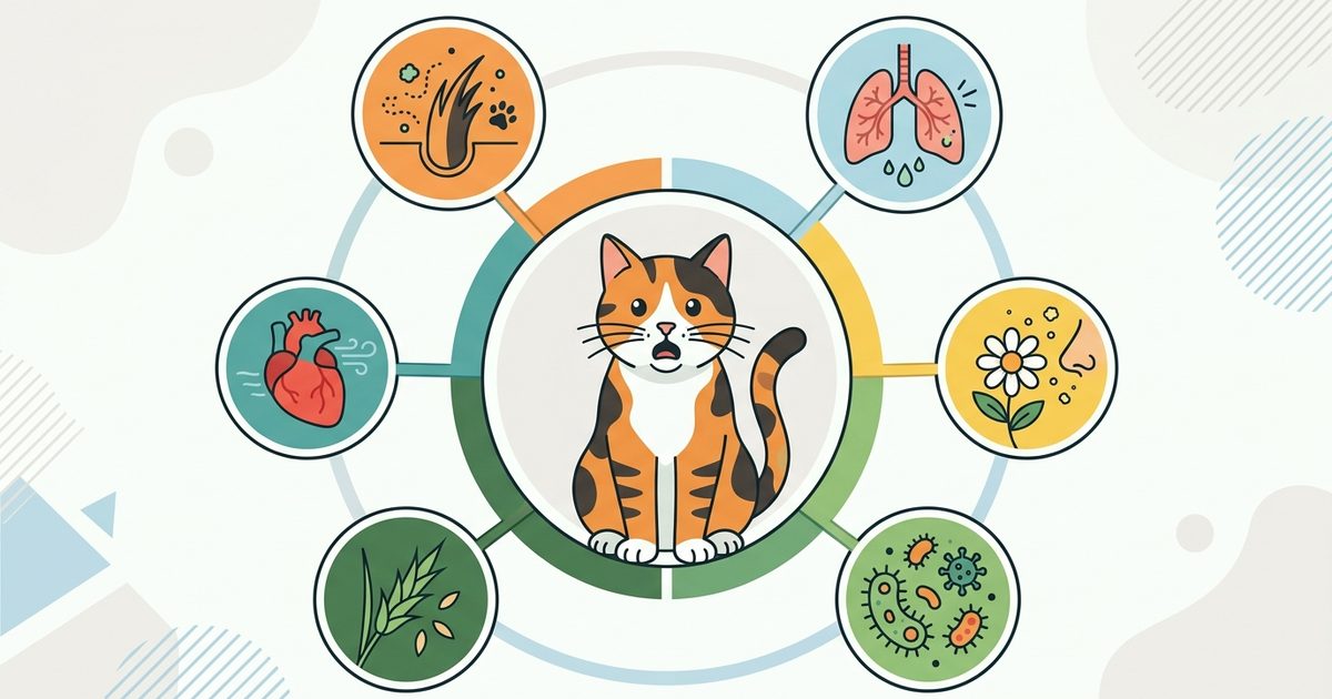 A calico cat at the center of a clean editorial radial diagram with six simple icons for hairball, lungs, flower, germ, grass seed, and heart