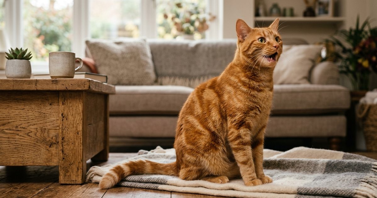 A ginger orange tabby with classic mackerel stripes sitting upright with neck slightly extended mid-cough, alert and bright-eyed in a calm reassuring domestic scene