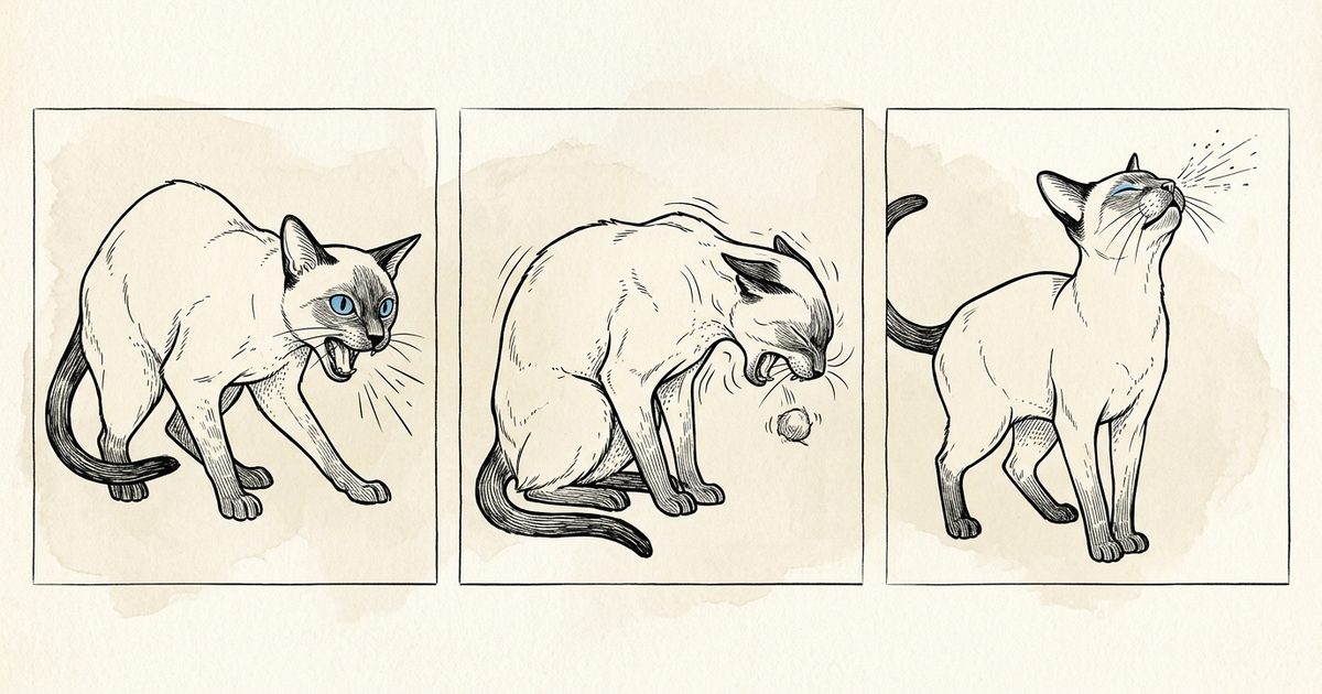 A Siamese cat in a minimalist three-panel ink line-art sketch distinguishing a chest cough, a stomach hairball gag, and a nose sneeze, clean explainer style