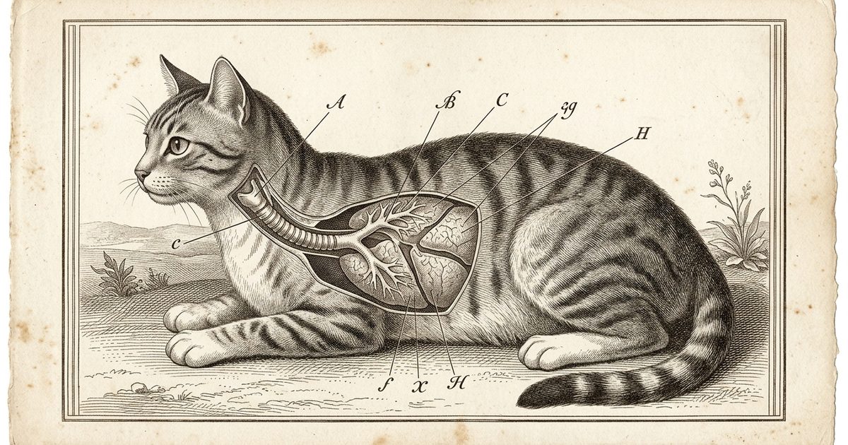 A gray tabby domestic shorthair rendered as a vintage anatomical engraving with labeled callouts to the trachea, bronchi, and lungs