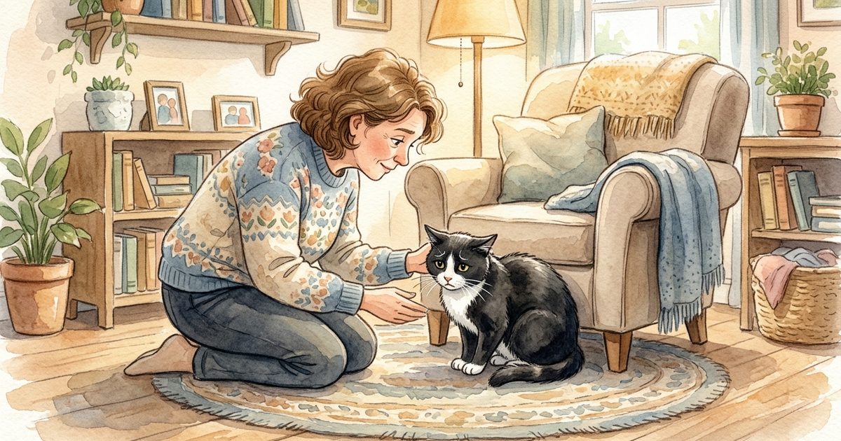 A tuxedo cat with a black coat and white chest crouched low in a worried hunched posture with a caring owner kneeling nearby, soft watercolor illustration