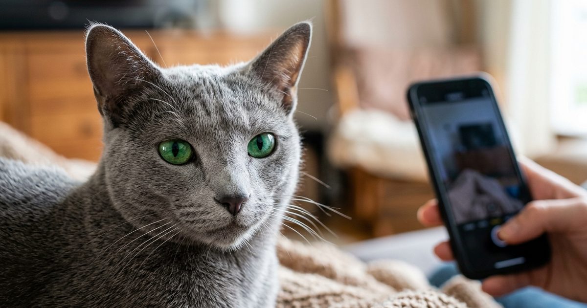 A Russian Blue with a dense silvery-blue coat and vivid green eyes in macro close-up, soft alert concerned expression with a smartphone in soft focus nearby suggesting filming the cough