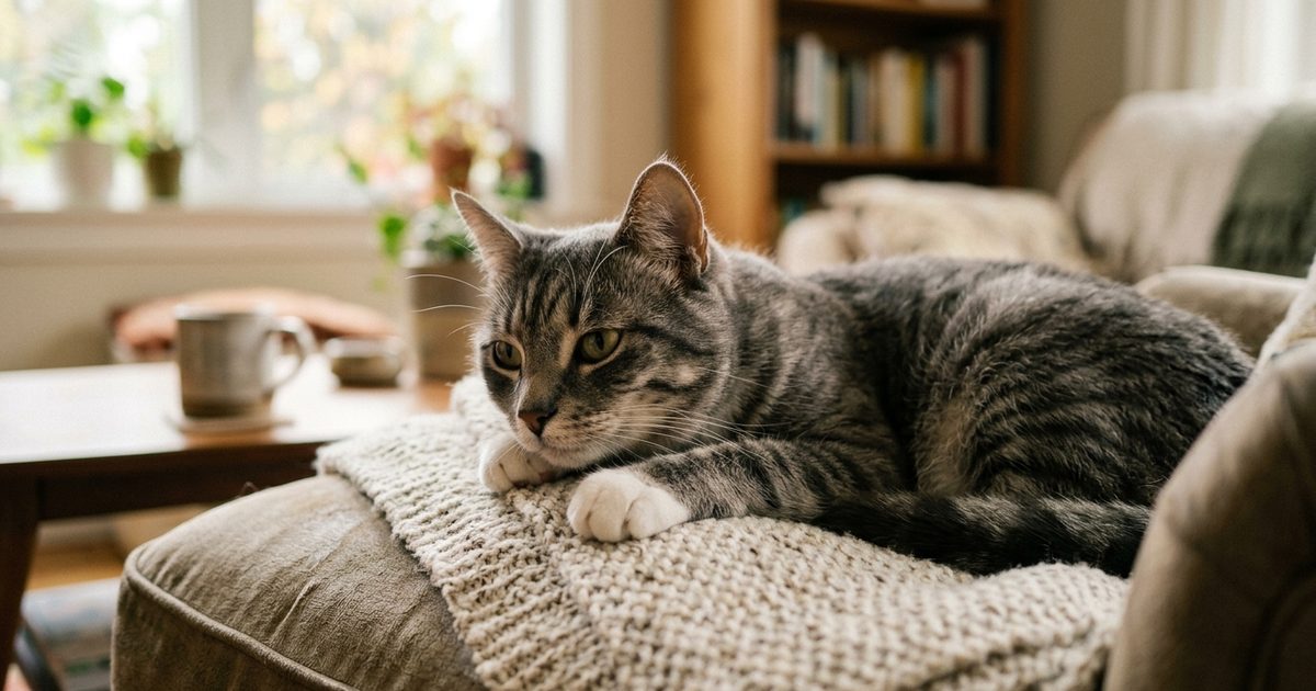 A gray tabby cat with silver-gray coat and dark charcoal stripes and white paws, relaxed and calm, face and muzzle gently visible in a warm domestic scene