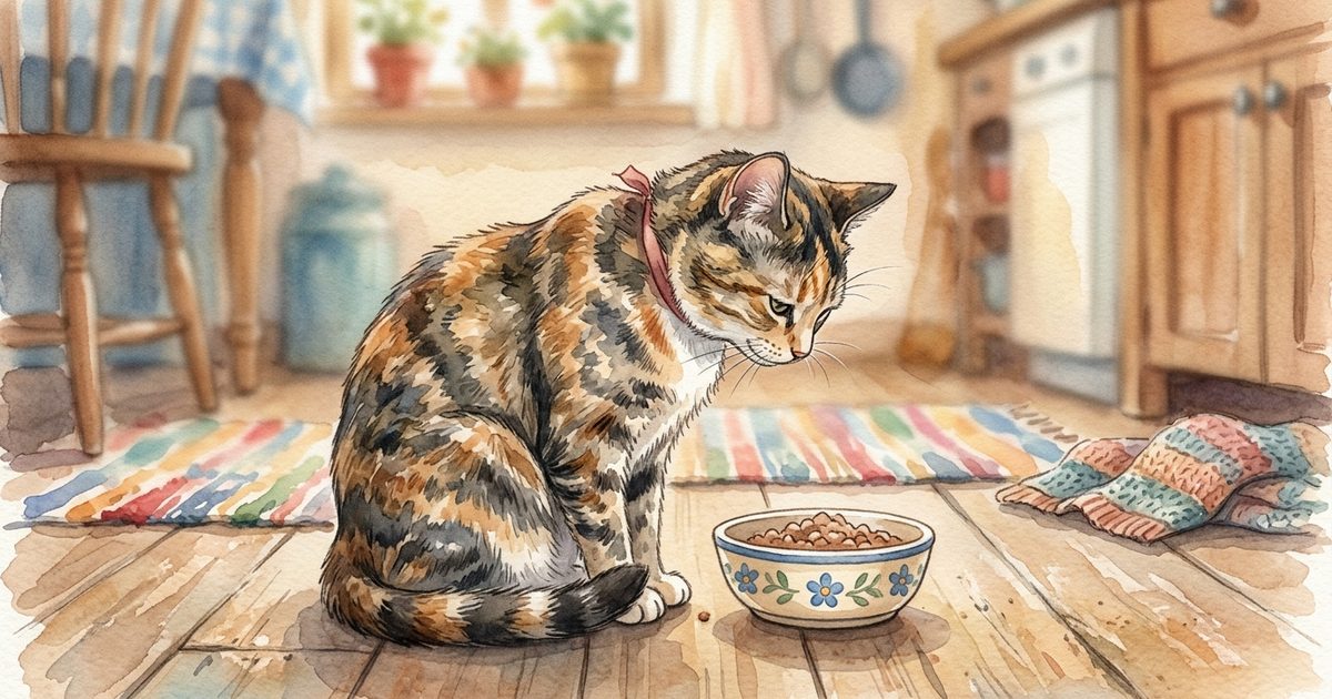 A tortoiseshell cat with mottled black and orange fur quietly eating from a bowl, painted as a soft watercolor children's-storybook scene, tenderly masking discomfort behind composure