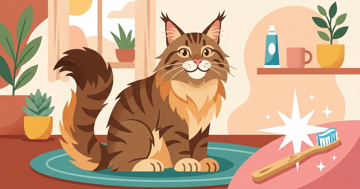 A large Maine Coon cat with long fluffy fur, tufted ears and paws, brown tabby coloring, sitting calmly beside a small stylized toothbrush with a shining sparkle, friendly editorial concept of feline dental care