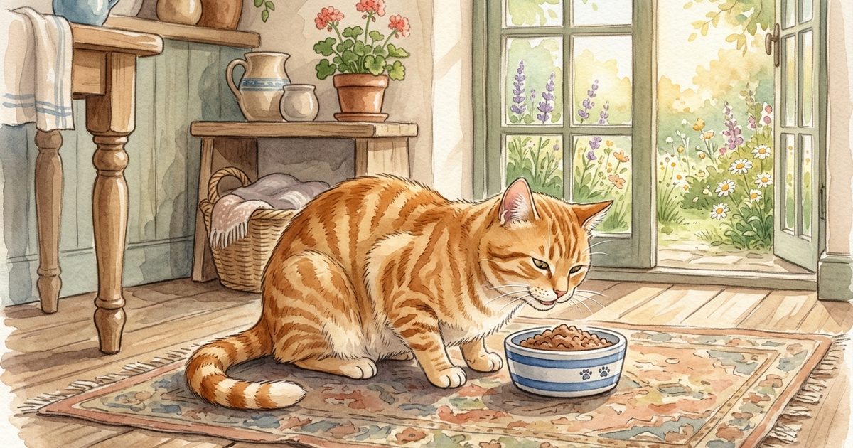 A ginger orange tabby cat with classic mackerel stripe markings and a lighter cream belly, happy and content eating from a bowl, soft watercolor children's-storybook illustration, gentle and hopeful life-after-extraction theme