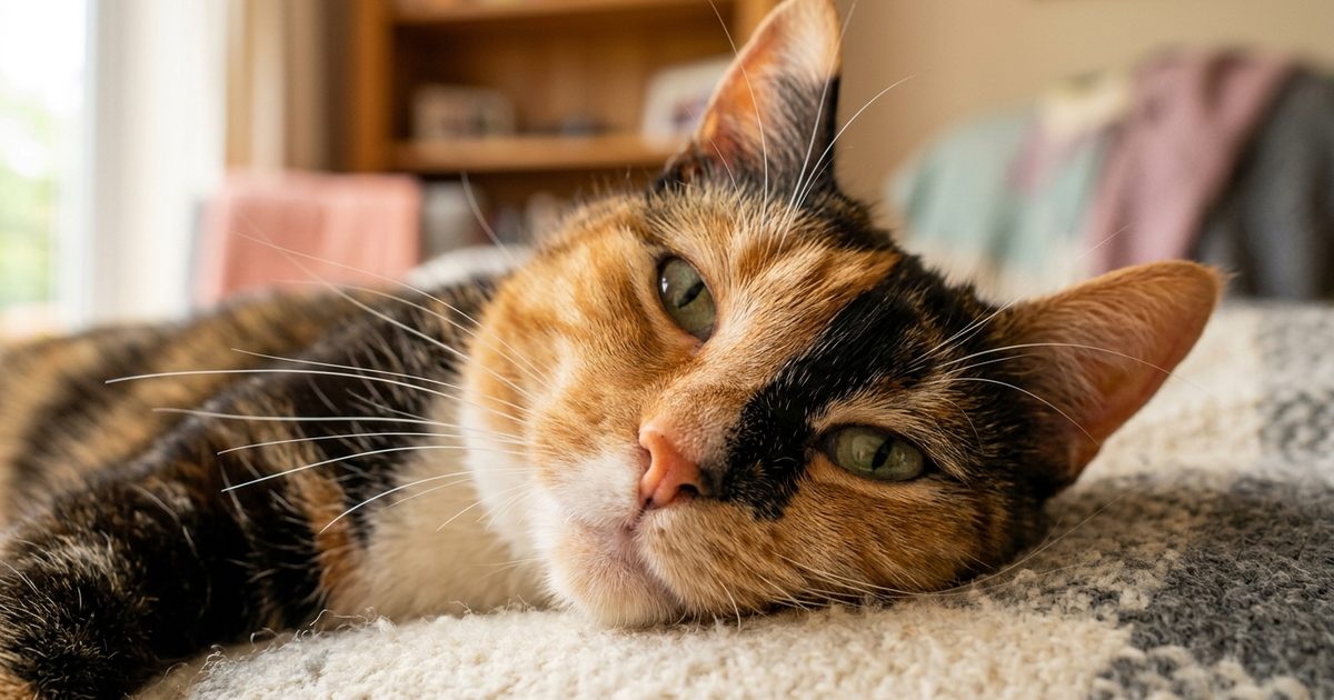 A calico cat in macro close-up with distinct orange, black and white fur, relaxed face with whiskers and muzzle in clear focus, calm and content in a gentle domestic setting