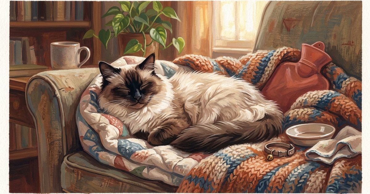 A Ragdoll cat with long silky fur, cream body with dark brown colorpoint face ears and paws, striking blue eyes, resting comfortably after a vet visit, cozy gouache painting in warm and reassuring recovery tones