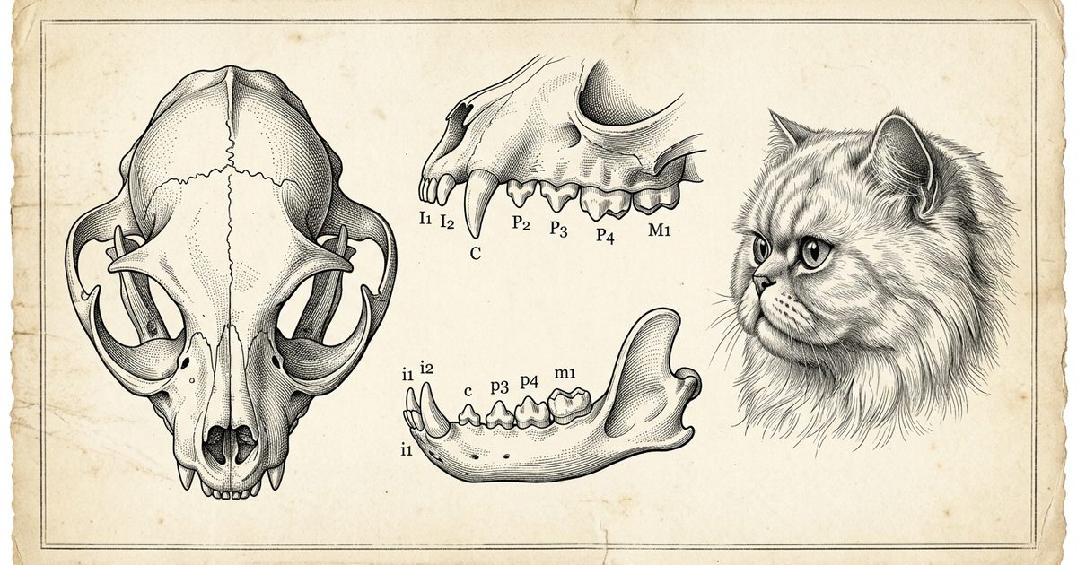 A Persian cat rendered as a vintage encyclopedia botanical-plate engraving, with a tasteful anatomical-style illustration of a cat skull and teeth nearby, scientific, authoritative, and educational