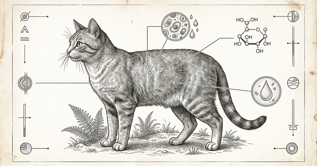 An annotated vintage encyclopedia engraving of a domestic shorthair cat in side profile with delicate callout markers to blood glucose, fructosamine, and urine, science-authoritative reference mood