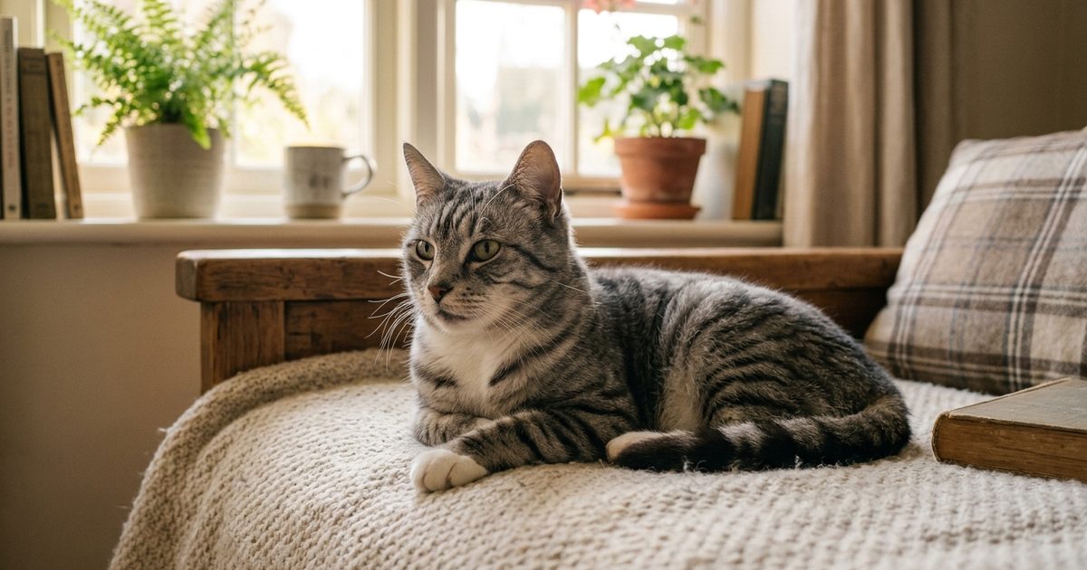 A serene senior gray tabby cat resting calmly on a soft blanket in warm domestic light, alert and dignified, gentle hopeful mood