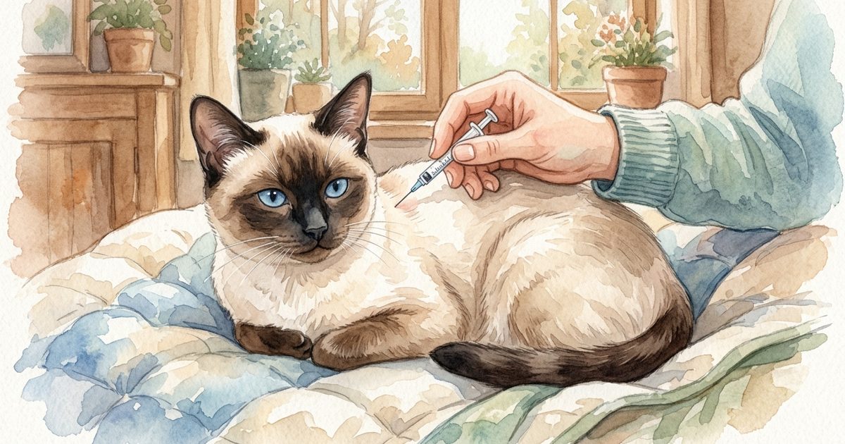 A calm Siamese cat with cream body and dark seal-brown points and bright blue eyes resting peacefully while a gentle human hand gives a small injection near the shoulder, tender reassuring everyday-care mood