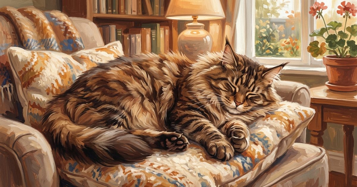 A round contented Maine Coon cat with long fluffy brown tabby fur resting on a soft cushion, warm textured gouache evoking body condition, gentle dignity