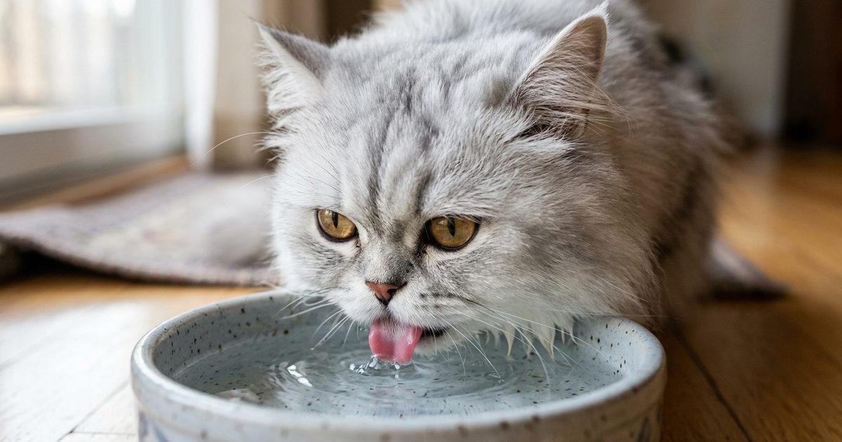 A close-up macro of a long-haired Persian cat with flat round face drinking intently from a water bowl, alert and focused, recognizable everyday sign