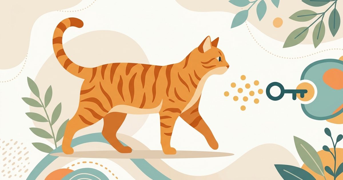 A clean stylized orange tabby cat silhouette with simple abstract glucose molecules and insulin key motifs flowing nearby, gentle calm educational mood