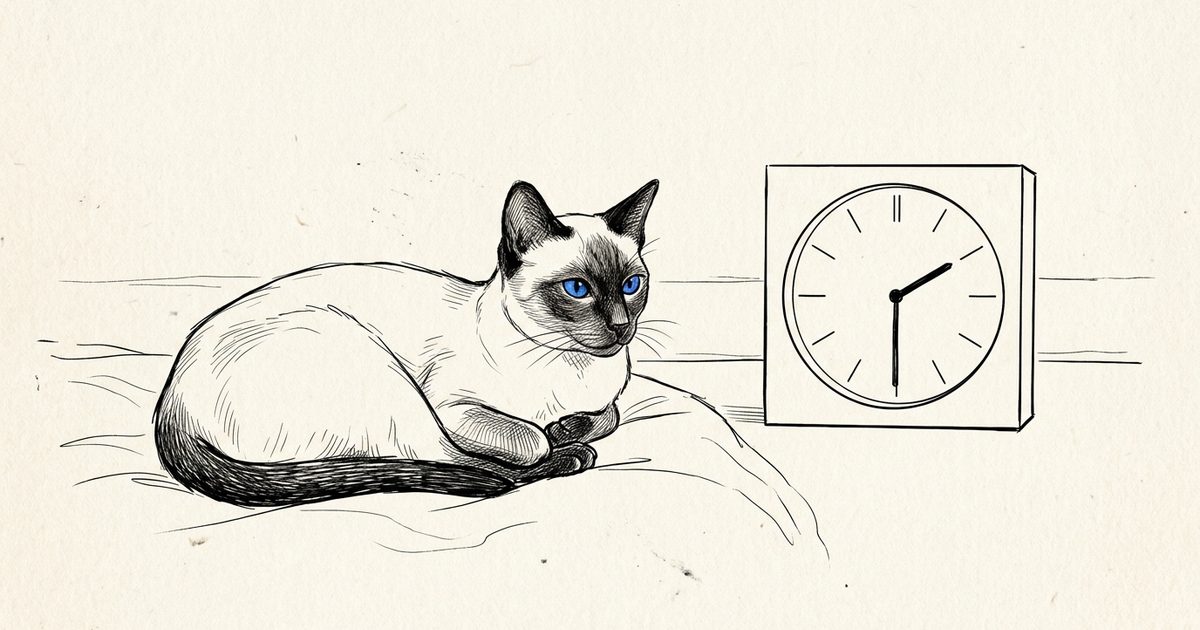 A Siamese cat with a cream body and dark seal-brown points resting calmly beside a minimalist clock, ink line-art sketch conveying the passage of time and the acute-to-chronic threshold