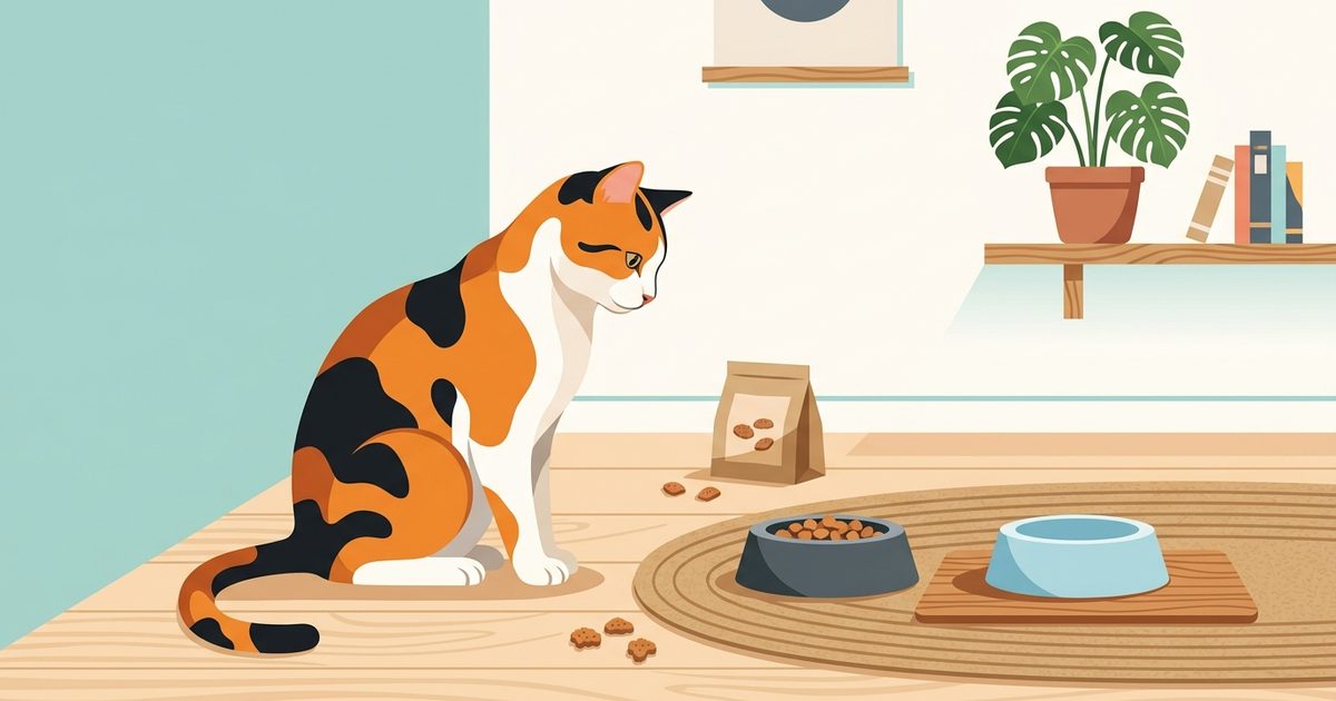 A calico cat with distinct patches of orange, black, and white fur sitting beside a food bowl and a scattered treat, flat modern vector illustration about diet change