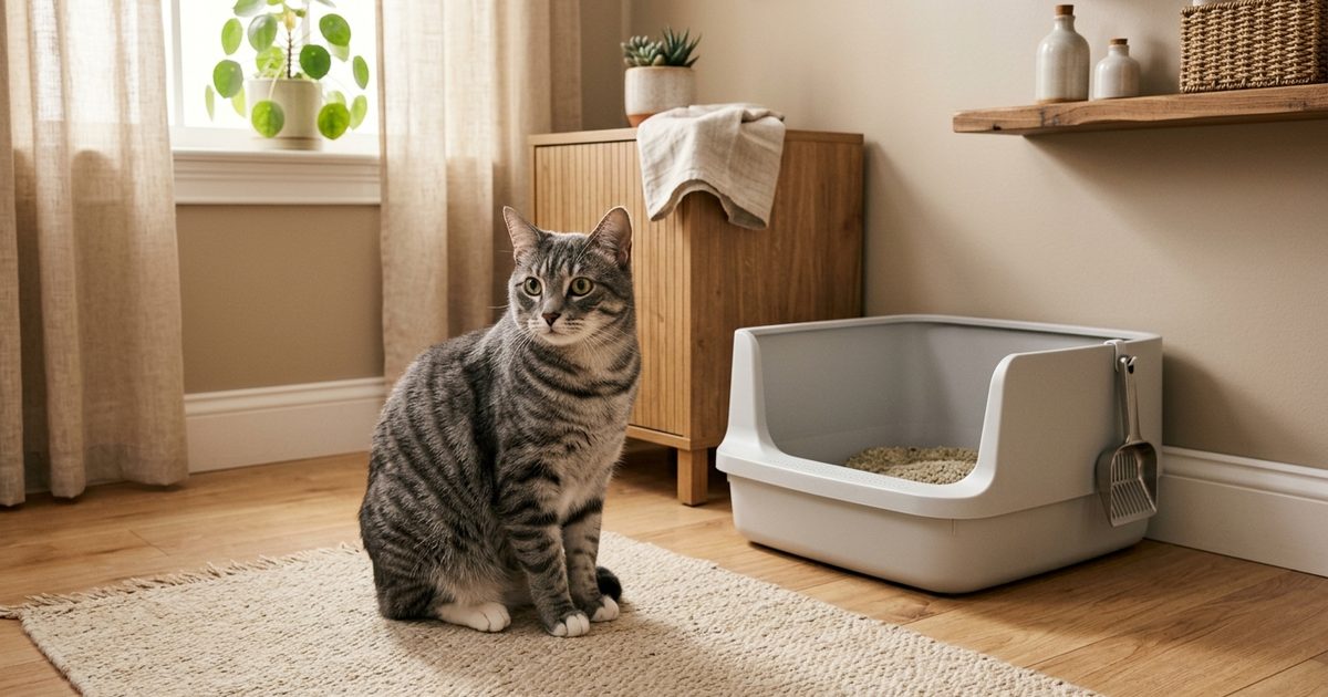 A gray tabby cat with dark charcoal stripes on a silver-gray coat and white paws sitting attentively beside a clean litter box in a tidy domestic room, looking mildly concerned