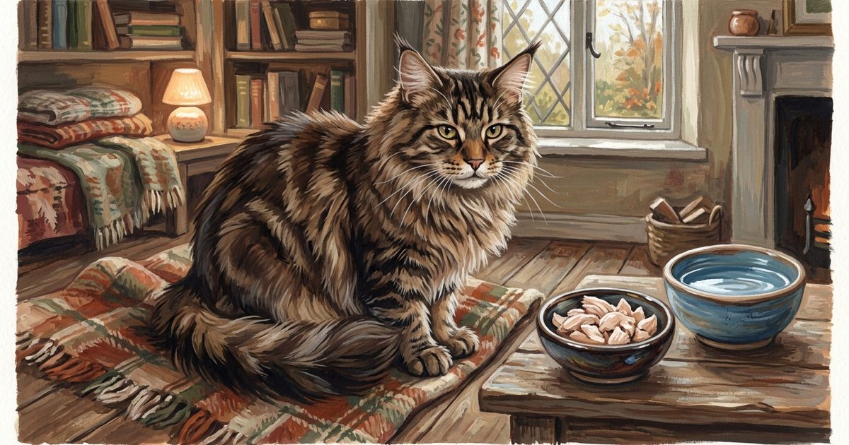 A fluffy brown tabby Maine Coon cat beside a dish of boiled chicken and fresh water, cozy gouache home-care scene