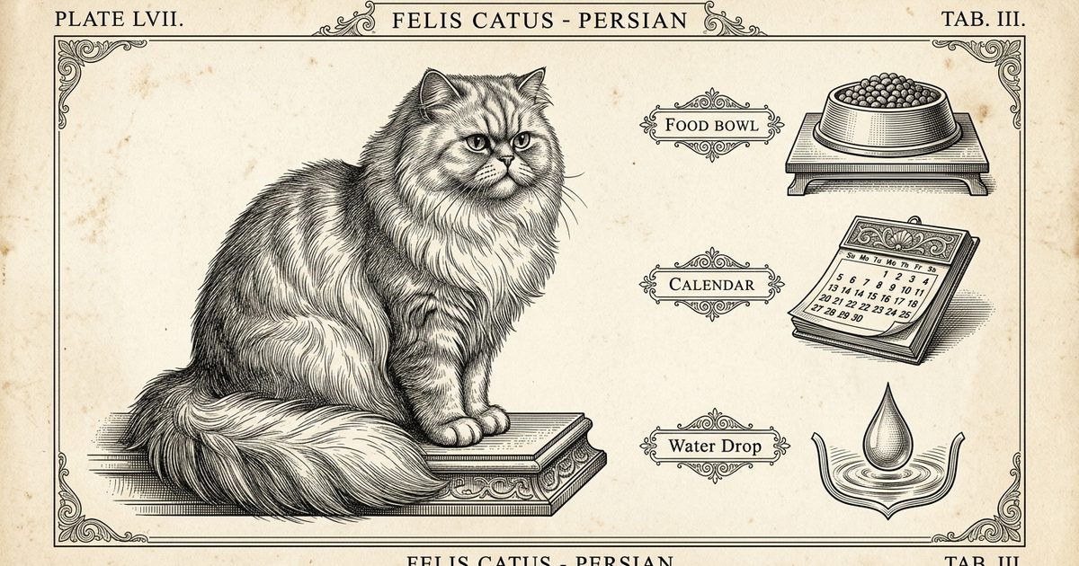 A Persian cat with long silver fur and a flat round face beside small engraved icons of a food bowl, a calendar, and a water drop, vintage encyclopedia botanical-plate engraving in a science-authoritative style