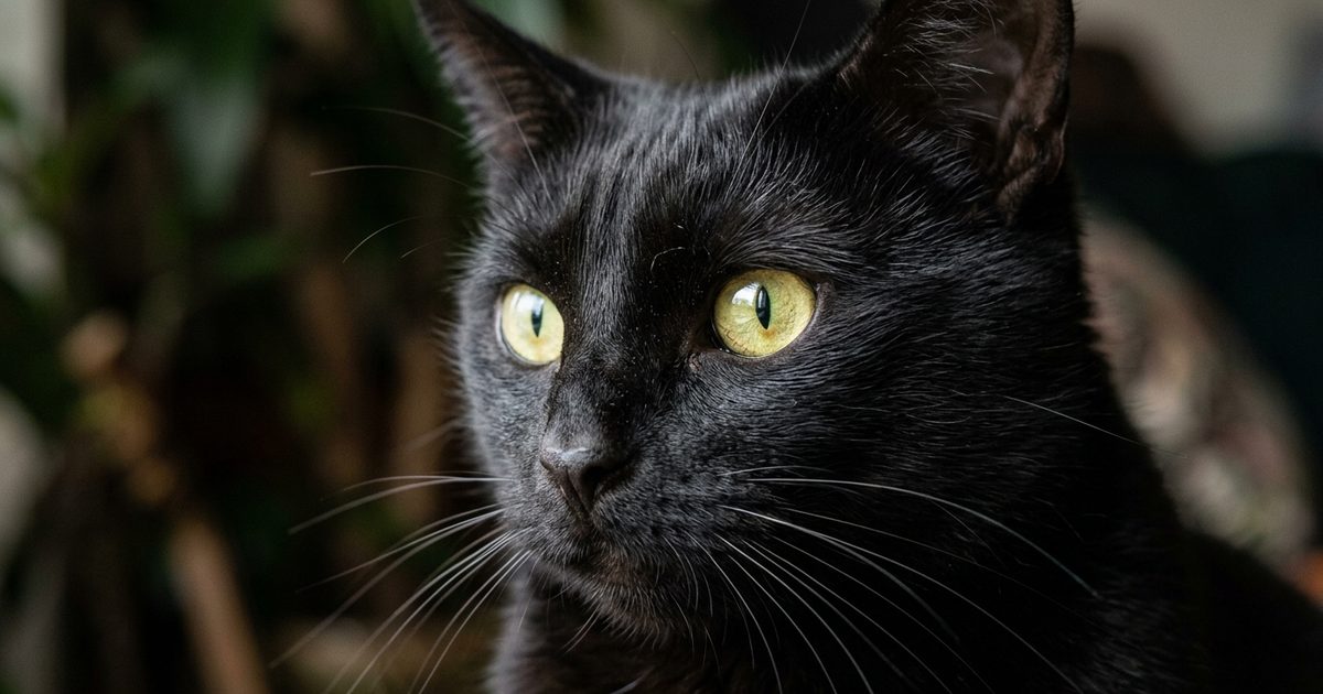 A solid black cat with sleek dark fur and large golden-green eyes in a macro close-up of the face, alert and watchful with a mildly distressed expression, detailed whiskers catching soft light