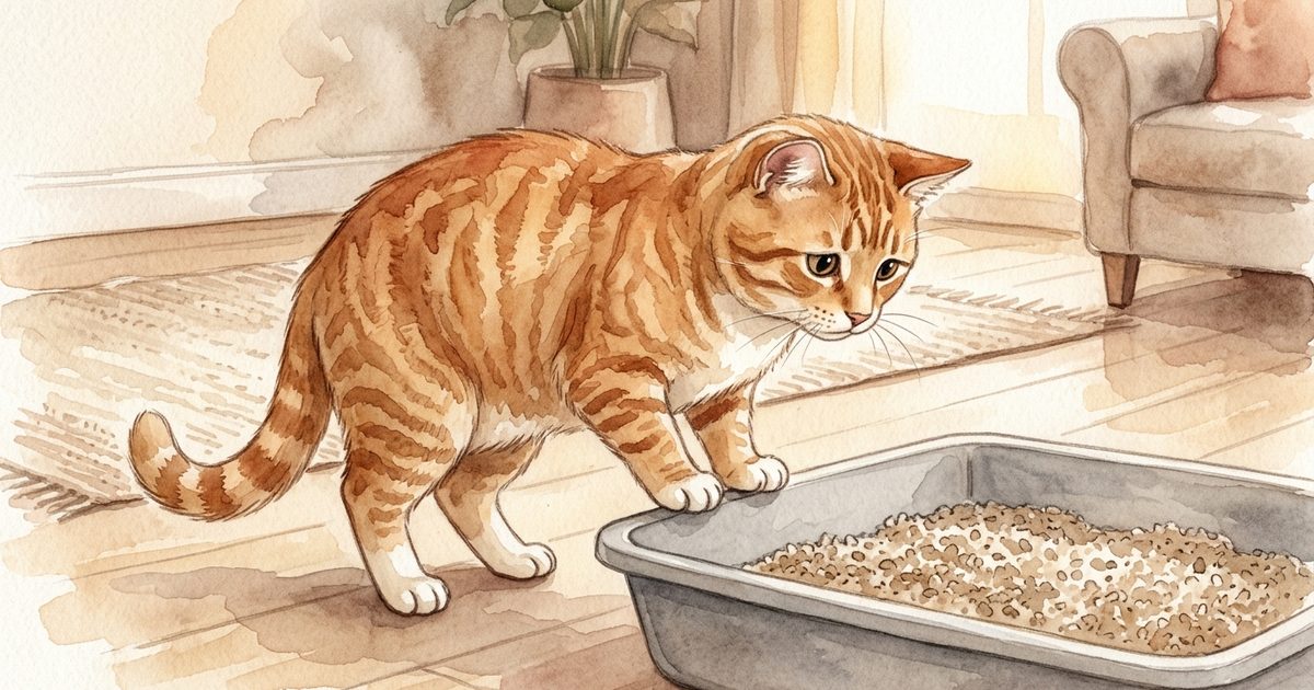 A ginger orange tabby with classic mackerel stripes and a cream belly looking down at a litter box with a gentle worried expression, soft tender watercolor storybook scene