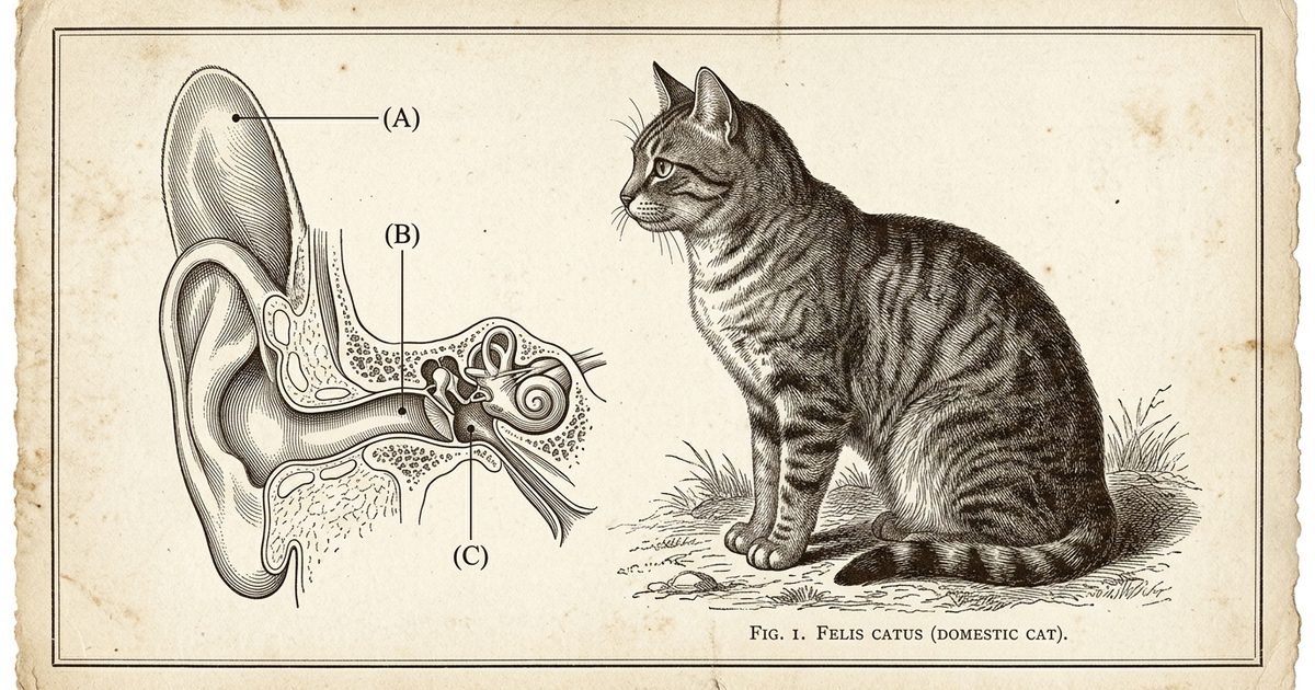 A domestic shorthair cat shown as an annotated scientific plate, with fine lines pointing to the pinna, ear canal, and eardrum