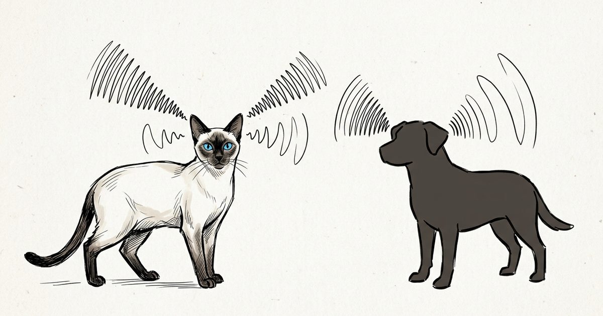 A Siamese cat beside a simple dog silhouette, with curved sound-wave arcs of different lengths emanating from each ear