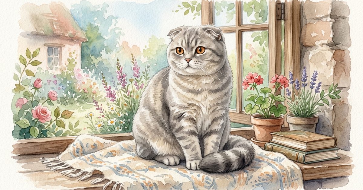 A soft gray Scottish Fold cat with distinctive folded-forward ears and a round face, sitting calmly with a gentle neutral expression, warm hand-painted tender watercolor children's-storybook portrait