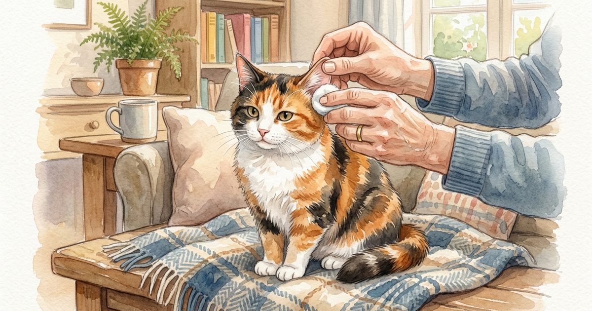 A calico cat sitting still while a human hand gently lifts and checks the outer ear with a soft cotton ball