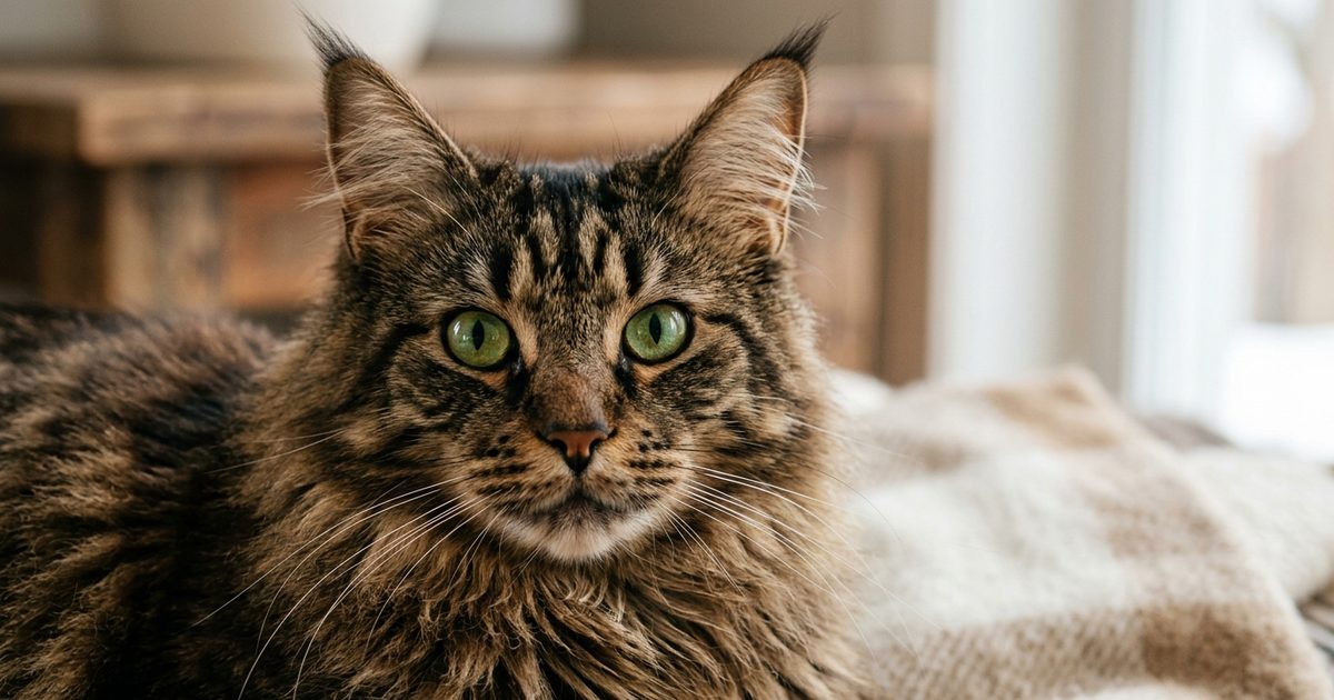 A large Maine Coon cat with long fluffy brown tabby fur and prominent tufted ears, both ears pricked forward and alert, vivid green eyes wide and engaged in a warm domestic scene