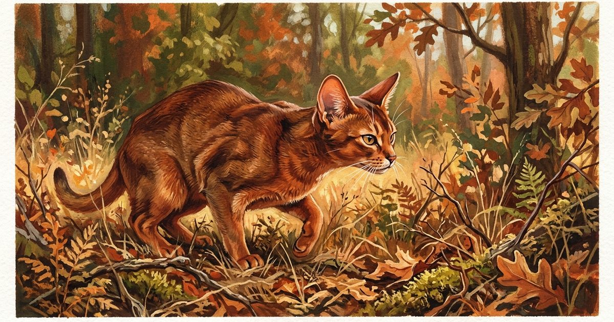 An Abyssinian cat with a warm reddish-ticked coat, both ears swiveled sharply toward an unseen rustling sound, intent hunting posture