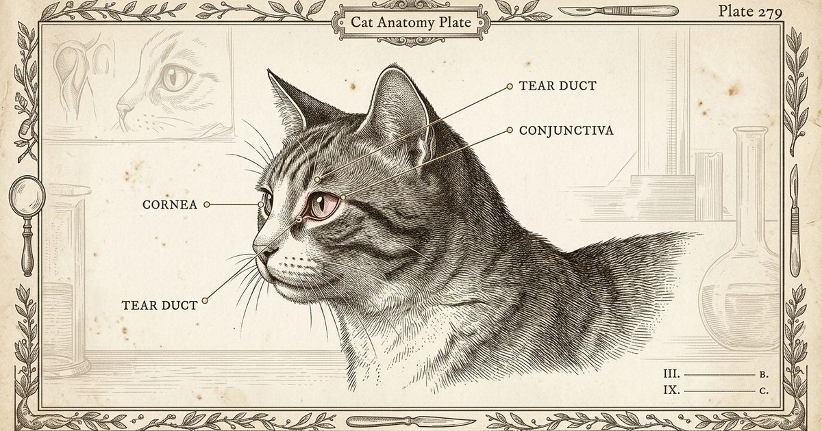 An annotated vintage botanical-plate engraving of a domestic shorthair cat's eye with delicate callout markers pointing to the cornea, conjunctiva, and tear duct, science-authoritative reference style