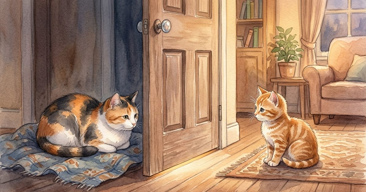 A calico cat resting quietly behind a softly drawn closed interior door while a second smaller cat sits on the other side, gentle reassuring quarantine scene, warm watercolor storybook