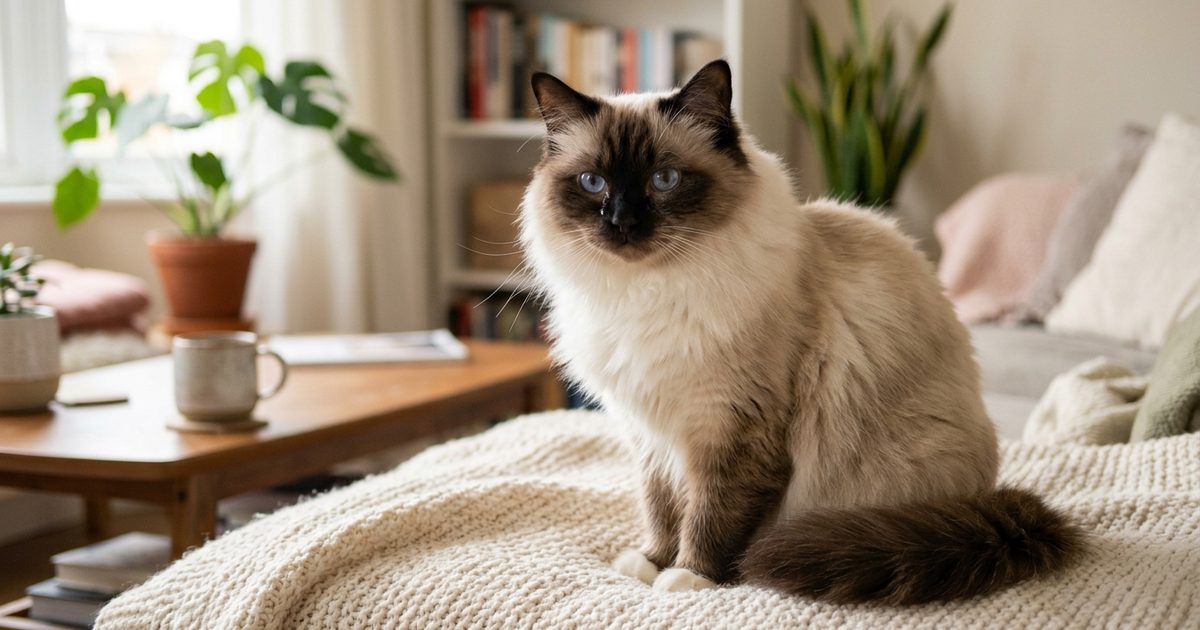 A cream-coated Ragdoll cat with bright blue eyes and a faint clear tear-track, sitting calmly and alert, soft tender domestic scene