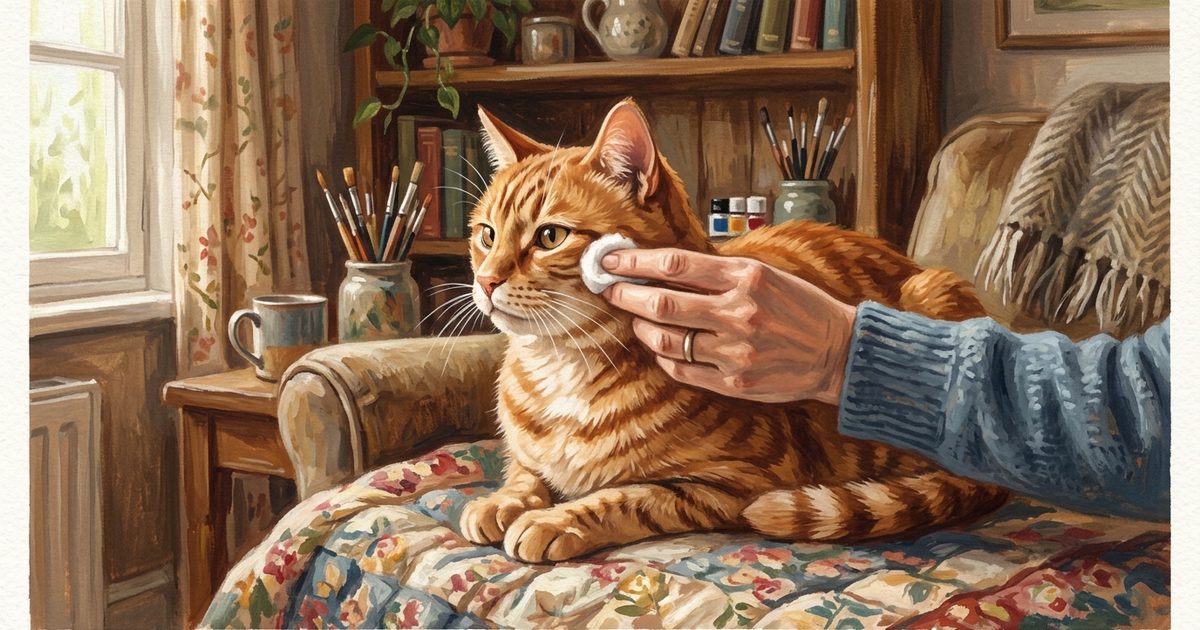 An orange tabby cat sitting still while a caring hand gently dabs near its eye with a soft cotton ball, warm tender everyday-care gouache painting