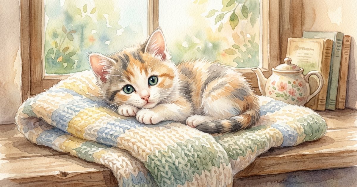 A small fluffy kitten resting on a cozy folded blanket with bright attentive eyes, gentle hopeful tender mood, soft watercolor storybook