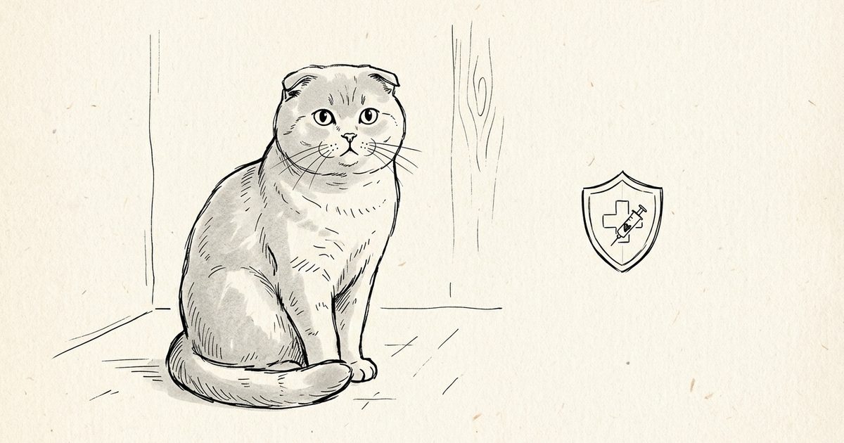 A Scottish Fold with folded ears drawn in minimalist confident line work beside a small simple shield motif suggesting protection and vaccination, sparse reassuring ink sketch
