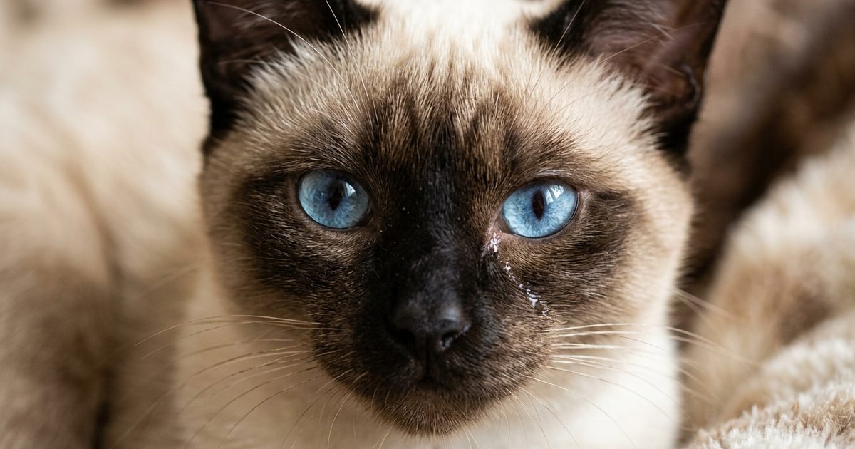 A Siamese cat close-up with bright blue eyes and a faint clear tear-track down one cheek, soft alert trusting expression, observational mood