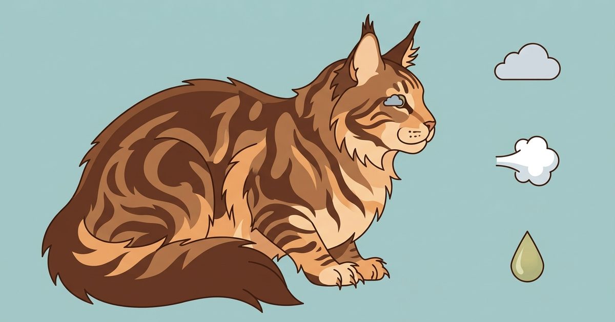 A Maine Coon stylized side portrait with clean editorial urgency icons, a small cloud for a cloudy cornea, a puff for swelling, and a drop for thick discharge, calm triage-concept flat vector illustration