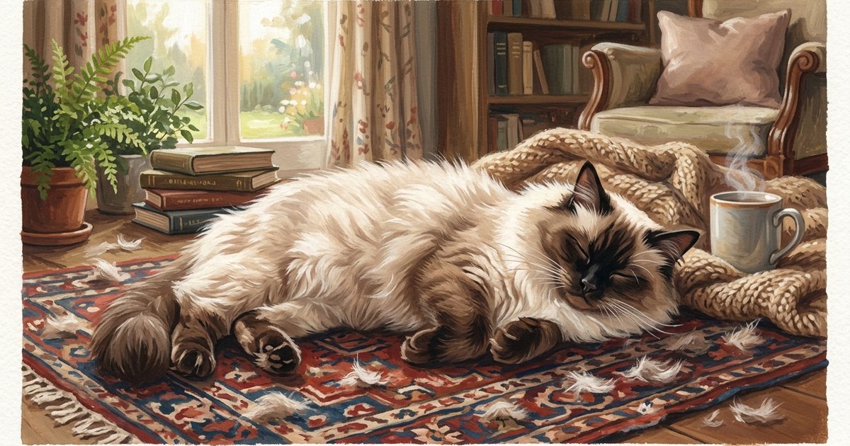 Cozy gouache painting of a Ragdoll cat with long silky cream fur and dark brown colorpoint face lounging on a soft rug during shedding season with small tufts of loose fur around it, serene