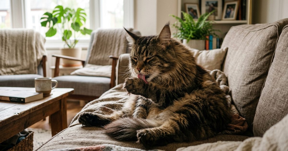 A large Maine Coon cat with long fluffy brown tabby fur mid-groom, licking its front paw, calm and content, warm domestic living-room scene