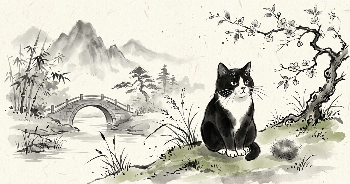Japanese sumi-e ink wash painting in a kawaii style of an elegant tuxedo cat with black fur, white chest, paws, and whiskers, minimalist composition with a small tuft of fur, calm and refined