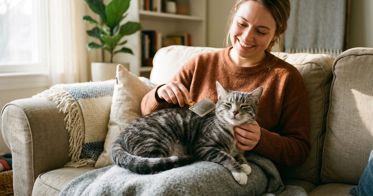 A gray tabby cat with dark charcoal stripes and white paws being gently brushed by a person using a slicker brush on a sofa, relaxed and content expression