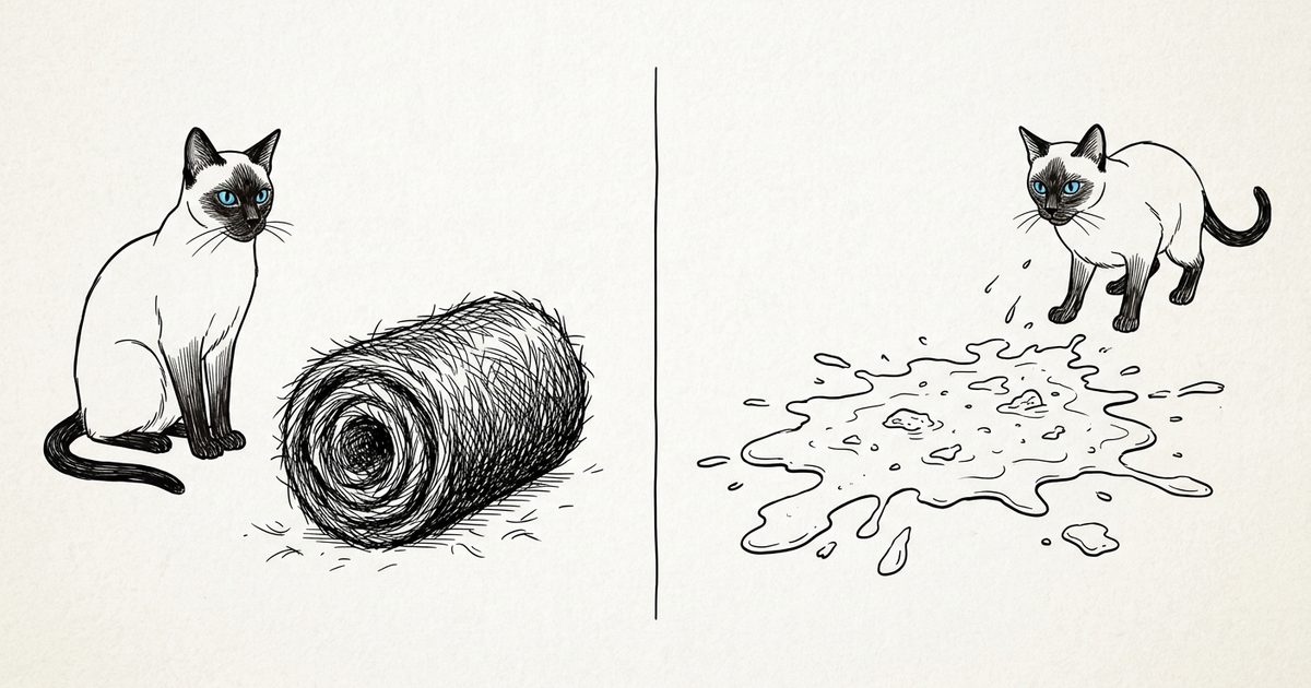 Minimalist ink line-art sketch of a Siamese cat with cream body and dark seal-brown points and bright blue almond eyes, two-panel explainer contrasting a compact tubular fur cylinder against a liquid puddle of vomit