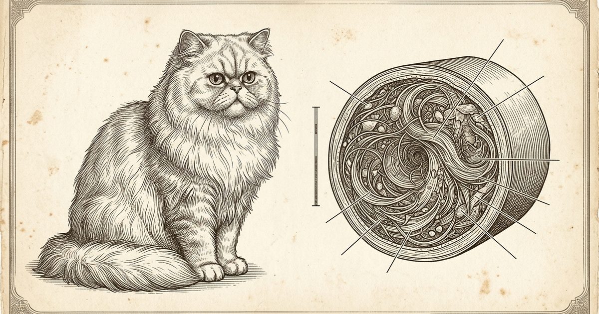 Vintage encyclopedia engraving of a Persian cat with silver-white fur beside a scientific cross-section of a tubular trichobezoar hairball, labeled anatomy plate