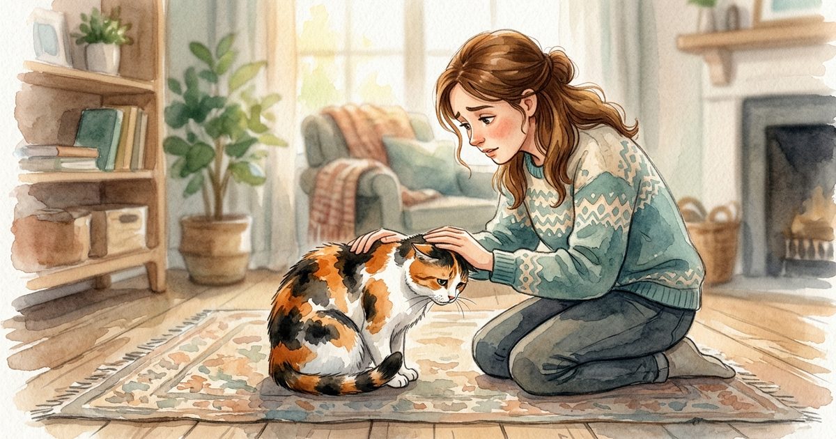 Soft watercolor children's-storybook illustration of a calico cat with orange, black, and white patches hunched in a worried uncomfortable posture on the floor, caring owner kneeling nearby with concerned tender expression