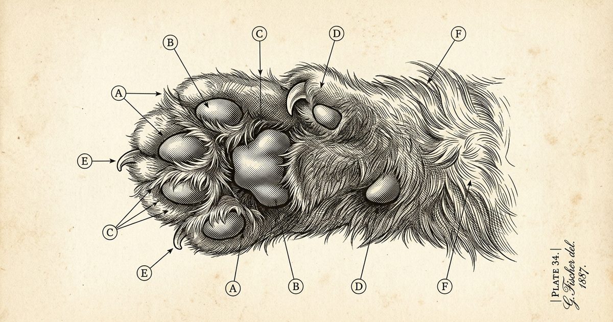 Vintage botanical-plate engraving of a cat forepaw with labeled parts including toe beans, the central pad, dewclaw, and retractable claws