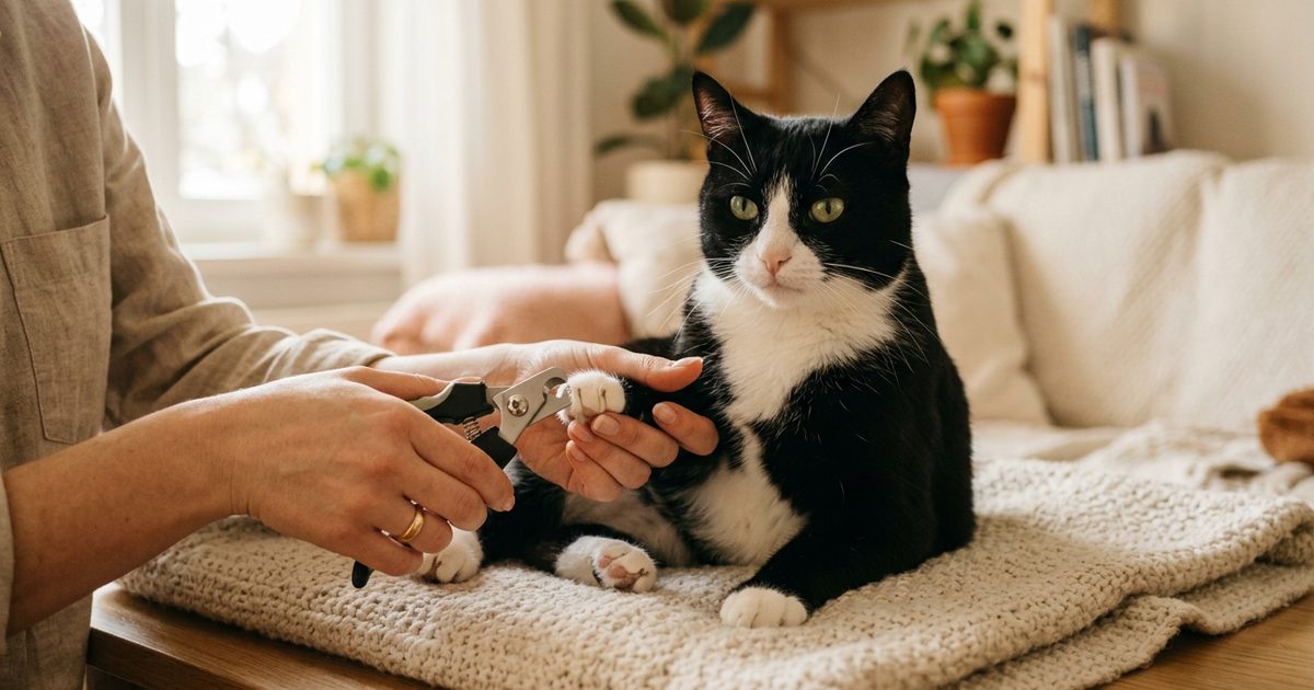 A tuxedo cat sitting calmly on a lap while a hand gently holds one paw and trims a claw with small clippers, relaxed domestic paw-care scene
