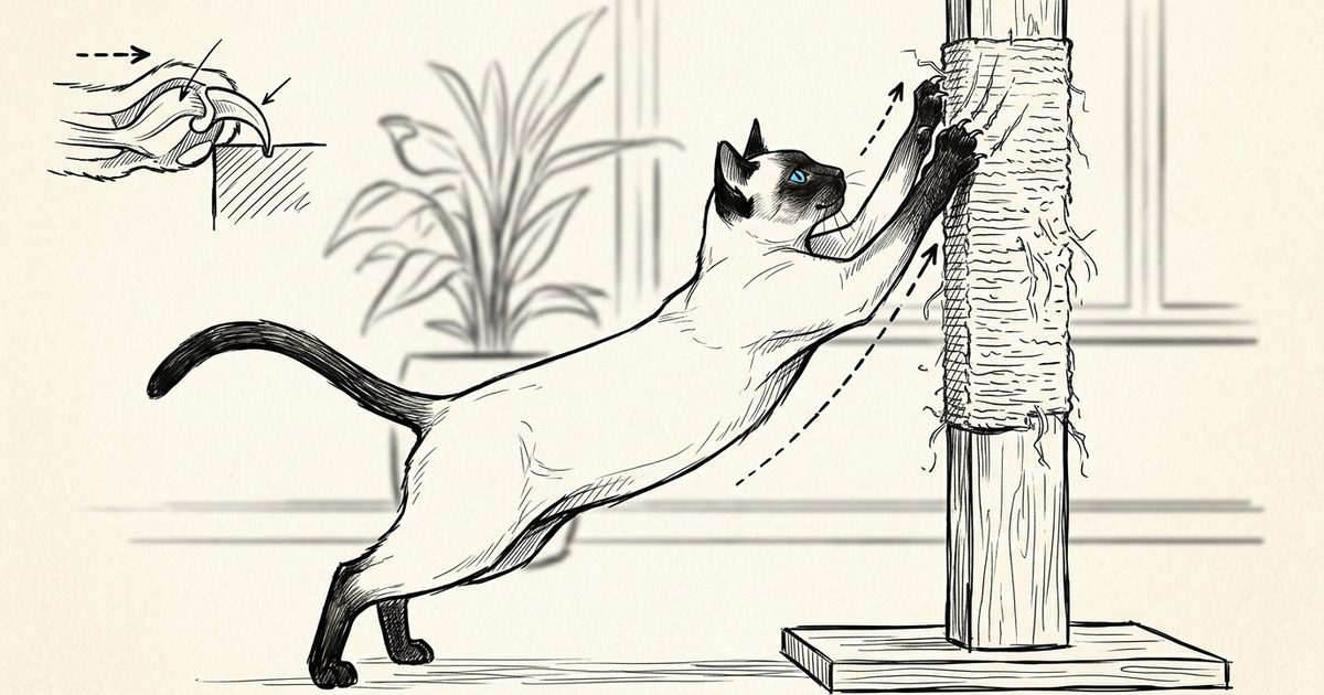 Ink line-art sketch of a cat stretching its front legs up a tall scratching post, claws fully extended into the sisal surface, lean muscular stretch captured in minimalist linework